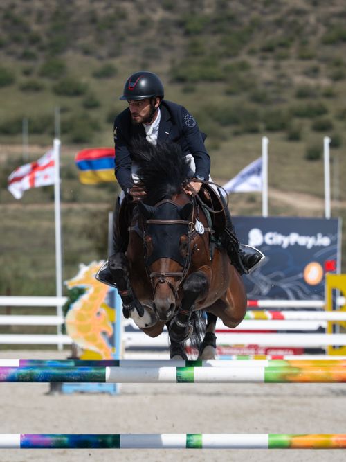 Free A horse and rider leap over an obstacle in a show jumping competition in Georgia. Stock Photo