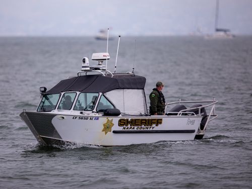 Free Napa County Sheriff's boat patrolling the San Francisco Bay. Law enforcement on water. Stock Photo