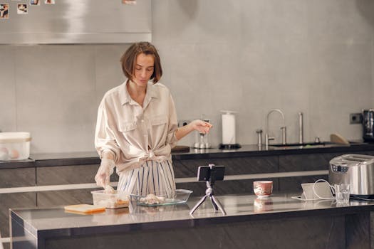 A woman preparing chicken in a contemporary kitchen, using a smartphone for guidance.