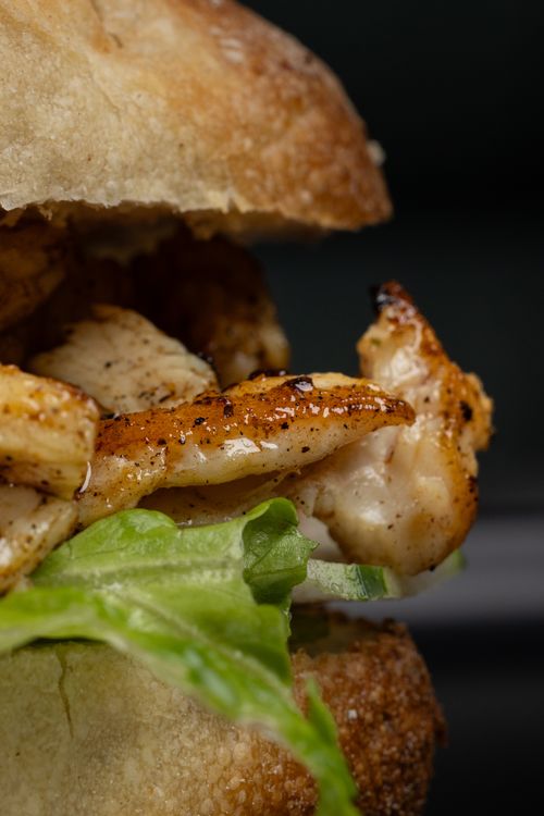 Free Delicious grilled chicken sandwich with fresh lettuce on crusty bread. Stock Photo