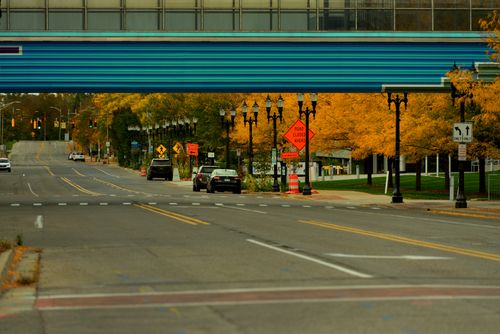 Free A quiet street in Lansing, Michigan, lined with vibrant fall foliage and road signs under an overpass. Stock Photo