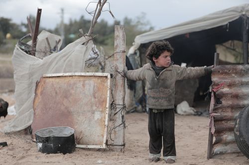 Free A young boy stands outside a makeshift shelter, holding onto posts. Stock Photo
