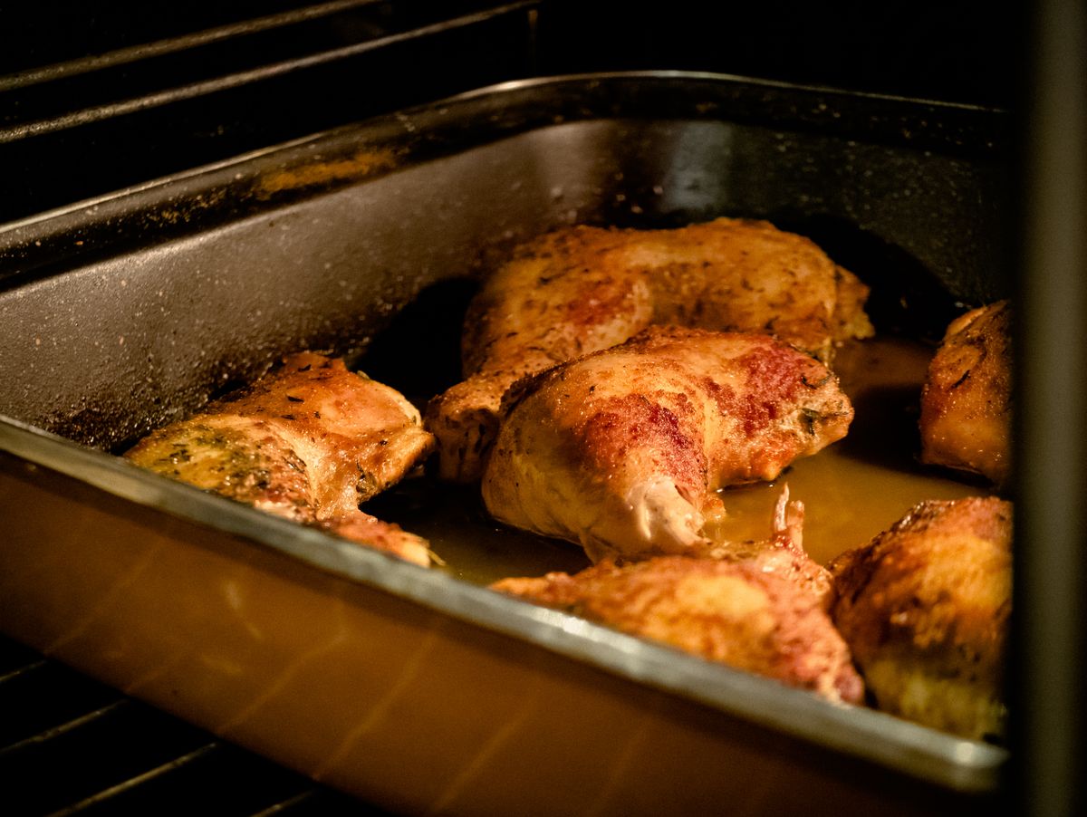 Roasted turkey legs in an oven tray