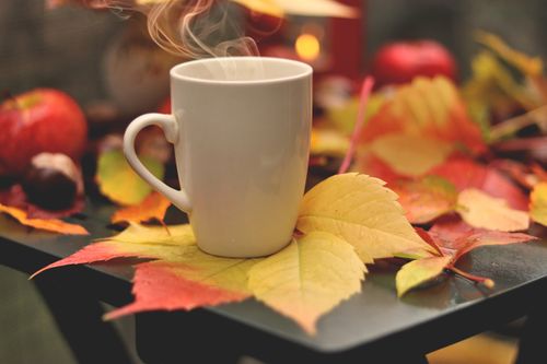Free A warm mug of coffee surrounded by colorful autumn leaves and apples, evoking a cozy fall atmosphere. Stock Photo