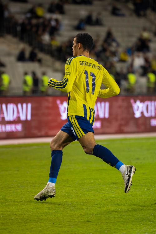 Free Dynamic shot of a soccer player in yellow celebrating on field at Baku stadium. Stock Photo
