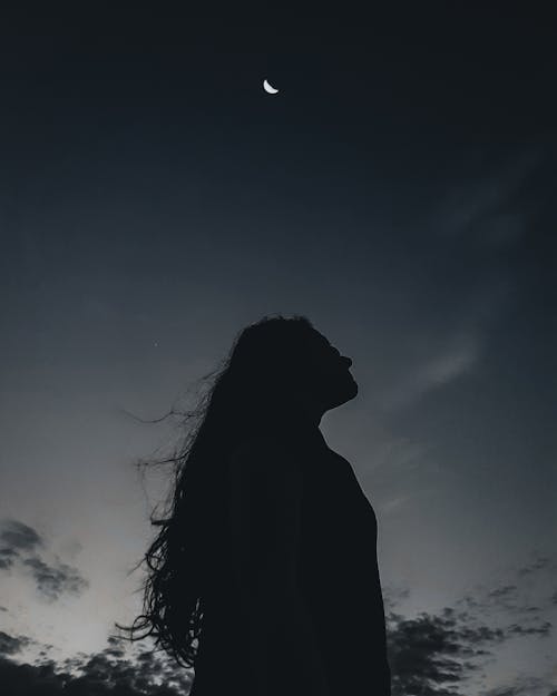 Low angle side view of silhouette of serene long haired female standing alone under night sky with moon