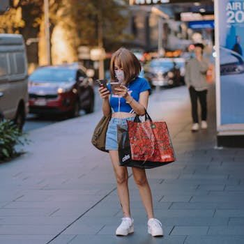 Asian woman wearing a mask and shopping in Sydney's urban setting during daylight, illustrating pandemic life.