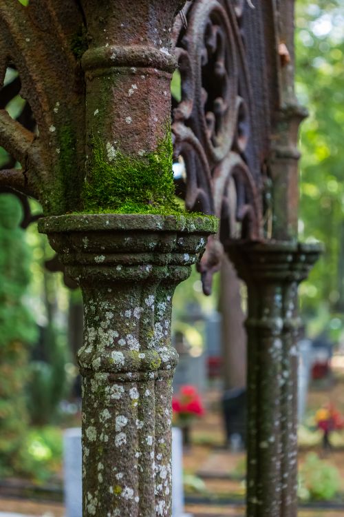 Free A close-up view of a weathered stone pillar with moss, captured in a sunlit outdoor setting. Stock Photo