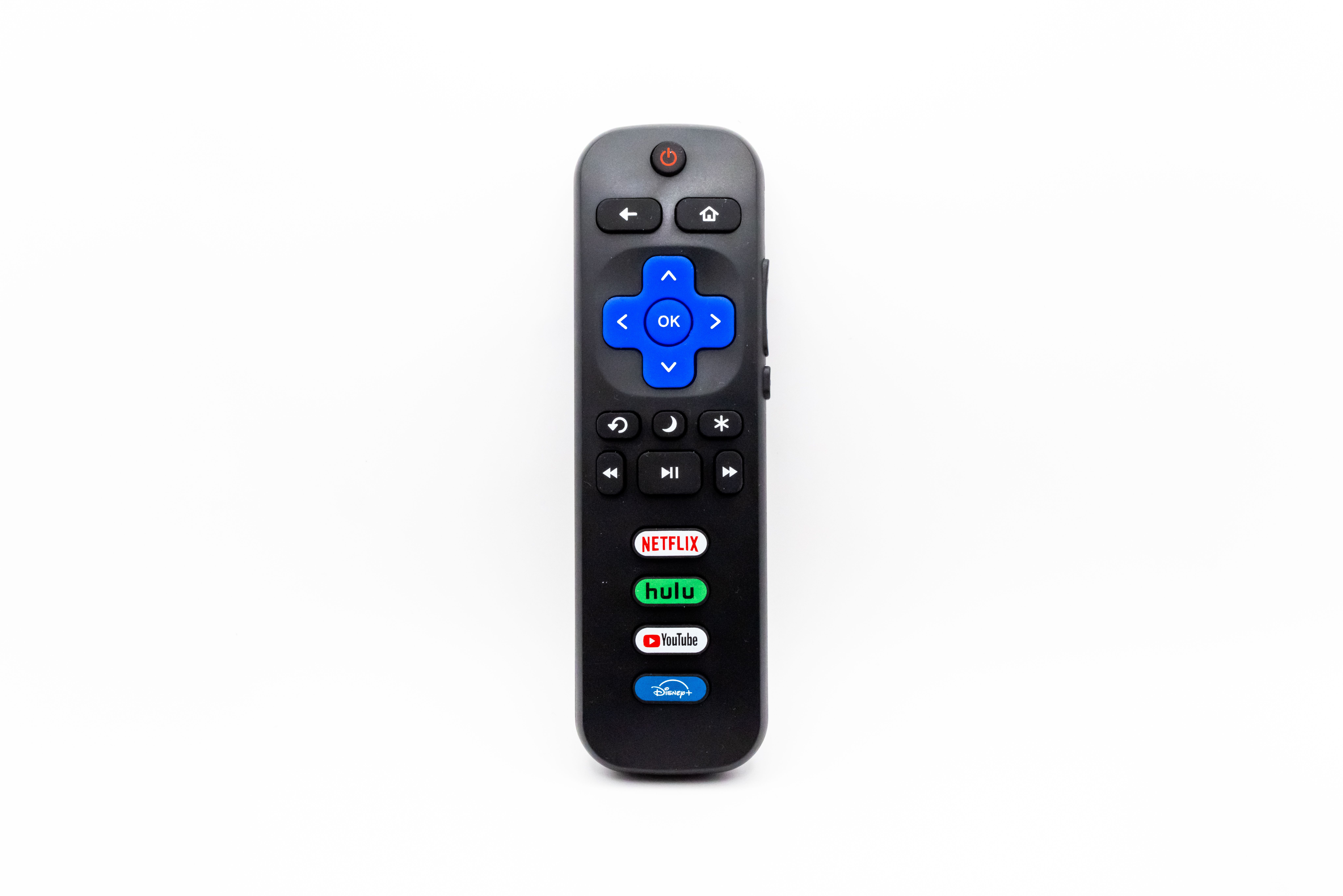 Universal remote control featuring buttons for Netflix, Hulu, YouTube, and Disney+.