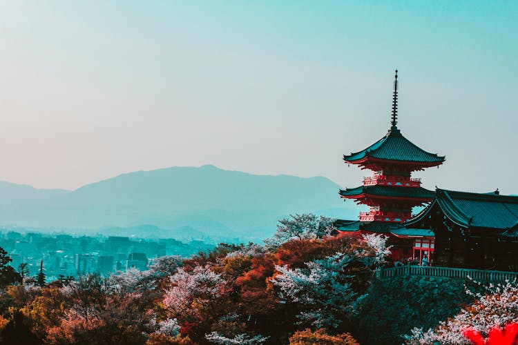 Red And Black Temple Surrounded By Trees Photo