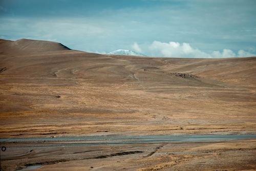 Free Expansive desert terrain with a distant view of mountains under a cloudy sky. Stock Photo