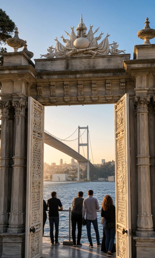 Free People admire the Bosphorus Bridge from the gates of Dolmabahçe Palace at sunset. Stock Photo