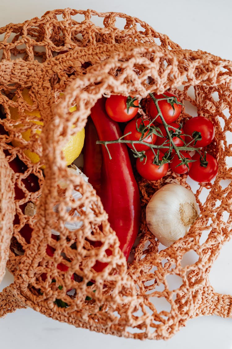 Food Net With Ripe Multicolored Vegetables