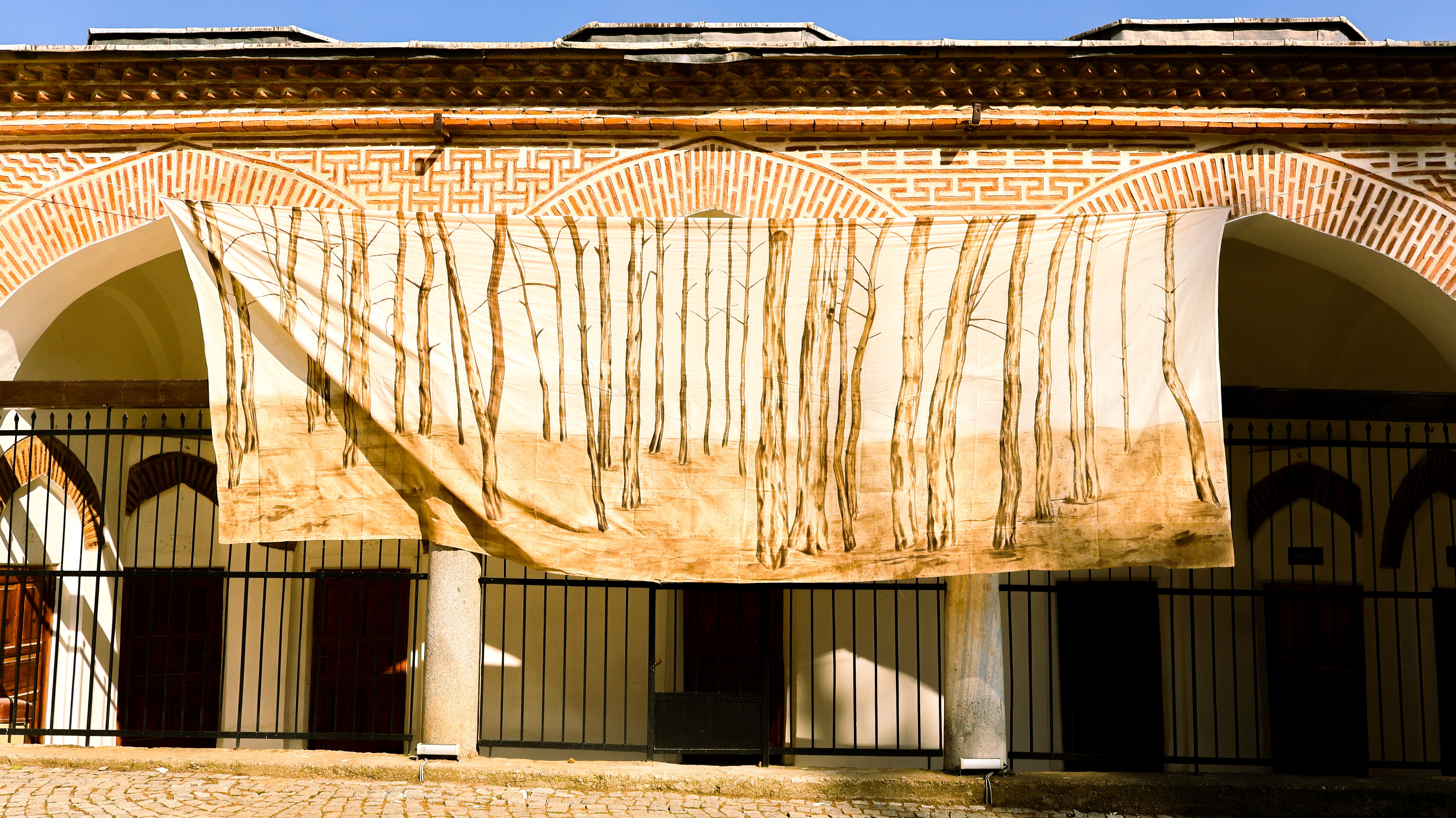 Sunlit historic building facade decorated with tree-themed art installation.
