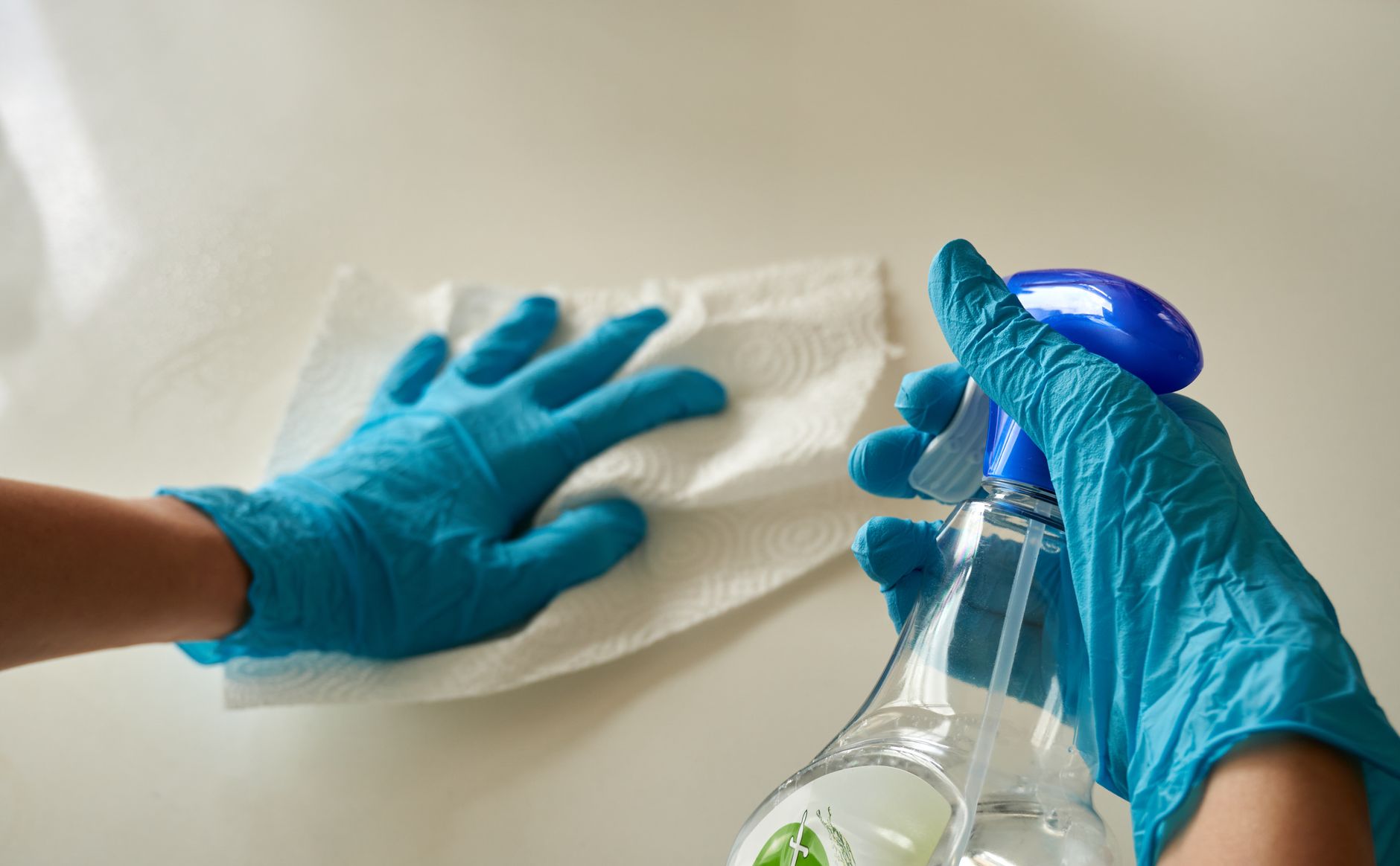 Gants de protection professionnels durant un nettoyage minutieux et sécurisé de surfaces