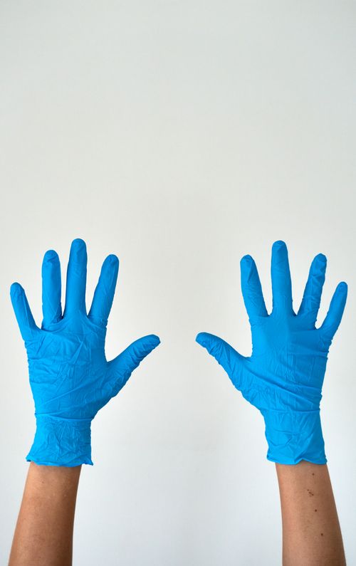 Free Two hands wearing blue latex disposable gloves raised against a white background. Stock Photo