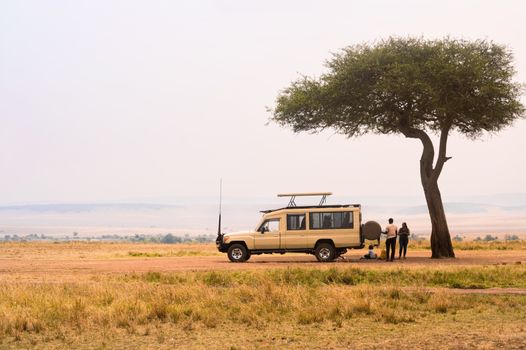 Explore the African savanna with a safari jeep and tourists under a lone tree.