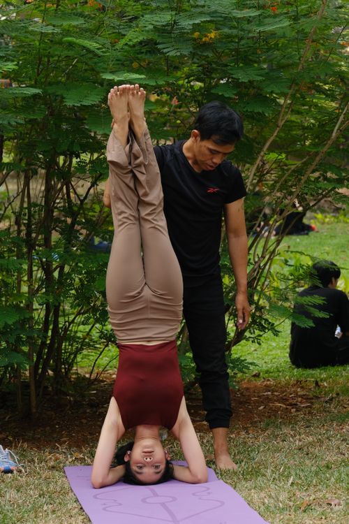 Free Two adults practicing yoga headstands in a park in Jakarta, Indonesia. Stock Photo