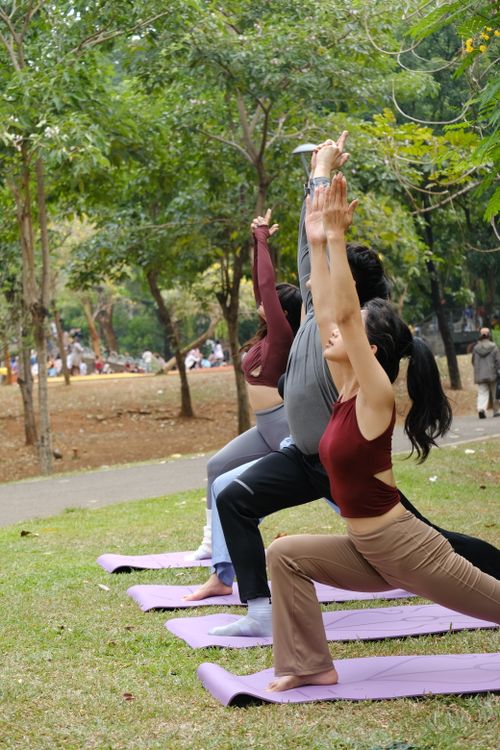 Free Group practicing yoga in a lush Jakarta park. Outdoor wellness session dedicated to health and relaxation. Stock Photo