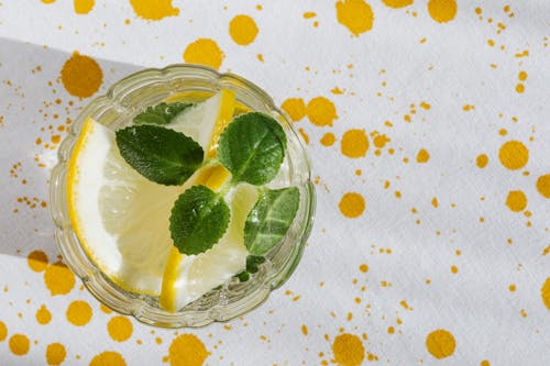 Glass of fresh cocktail with lemon and peppermint