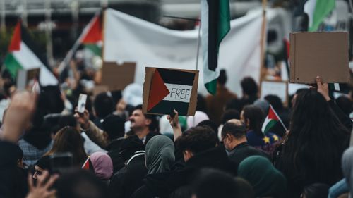 Free Crowd of protesters holding Palestinian flags and signs in a peaceful demonstration. Stock Photo