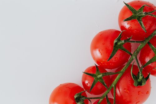 Free From above of green branch of ripe red and wet cherry tomatoes placed on white table Stock Photo