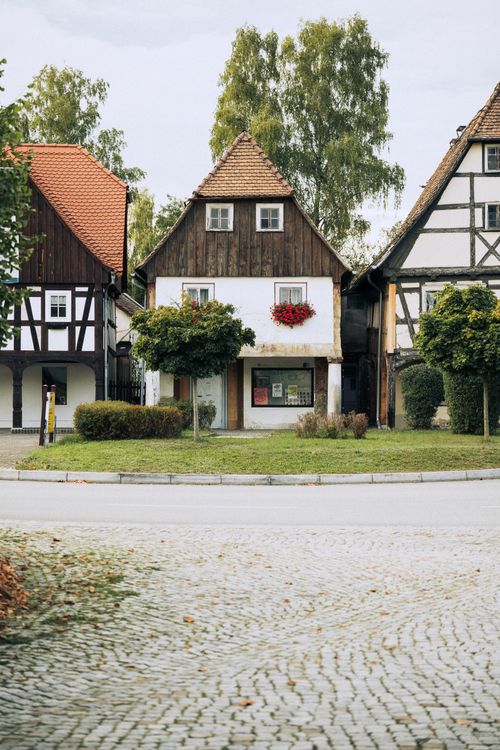 Free Picturesque half-timbered houses in Zittau, a charming display of historic German architecture. Stock Photo
