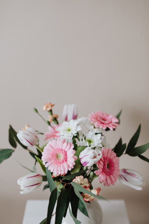 Fragrant tender flowers in white ceramic vase near beige wall