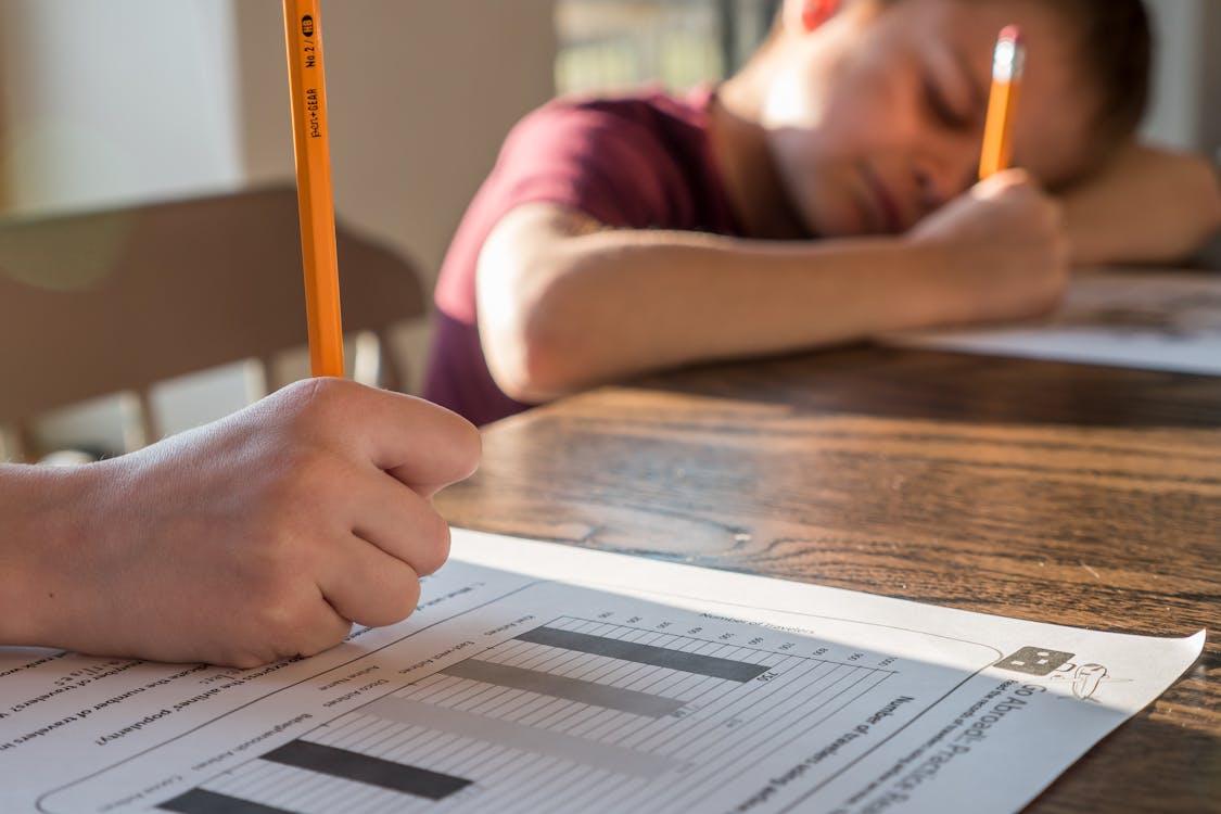 Free Crop unrecognizable schoolkid with pencil in hand writing on paper sheet with diagrams while sitting at table with brother and doing homework Stock Photo