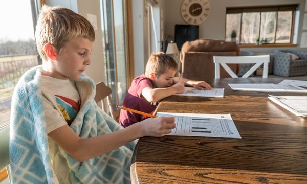 Au Pair (Live-in) — Side view of focused schoolboy wrapped in blanket thinking on solution of test with diagrams while sitting at table with younger brother during remote studies at home