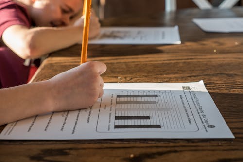 Side view of crop anonymous pupil with pencil in hand answering questions of study test with diagrams while studying at table with brother at home