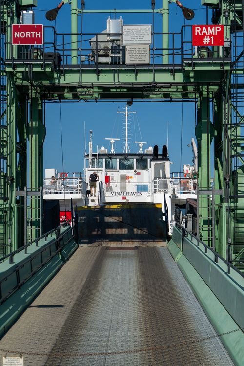 Free Vinalhaven ferry docked at ramp number one, showcasing industrial ship design. Stock Photo