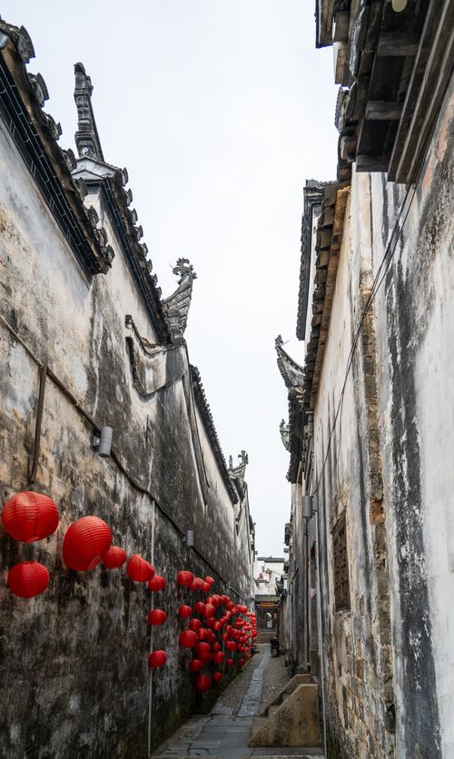 Free Historic street with red lanterns in Xuan City, Anhui Province, China, showcasing traditional architecture. Stock Photo