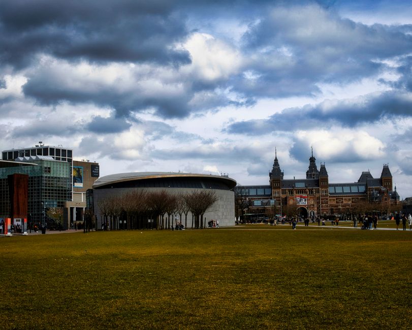 A view of the Rijksmuseum and Van Gogh Museum on a cloudy day in Amsterdam, Netherlands.