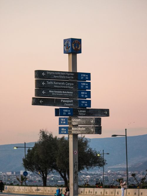 Free Multi-directional signpost in İzmir, Türkiye during sunset. Stock Photo