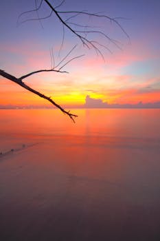 宁静的海景中，充满活力的日落色调映照在平静的海面上