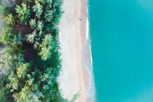 Free Stunning aerial shot of a tropical beach with turquoise waters and lush green trees. Stock Photo