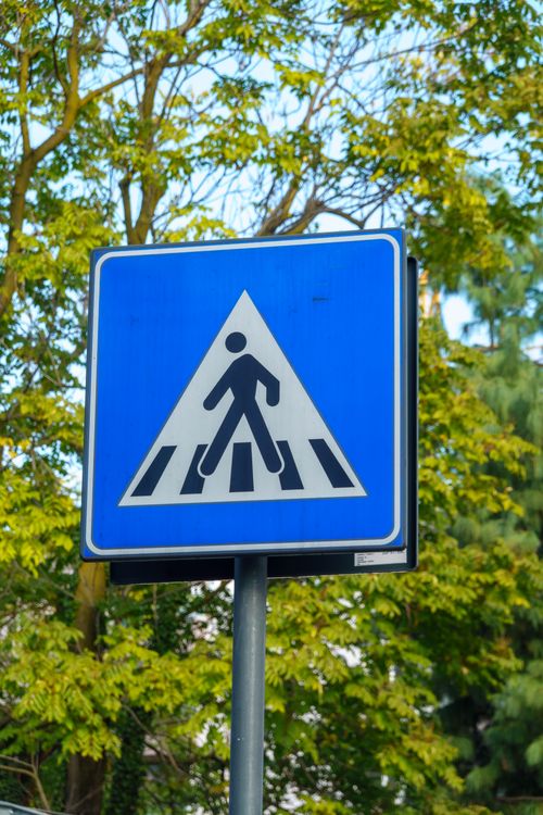 Free Close-up of a pedestrian crossing sign against a background of green trees. Stock Photo