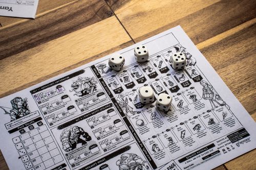 Free Top view of a role-playing game sheet with dice on a wooden table. Stock Photo