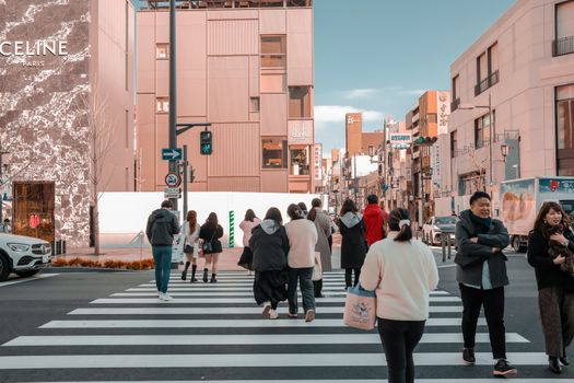 People cross a busy street in Tokyo with modern architecture and branded stores in the background.