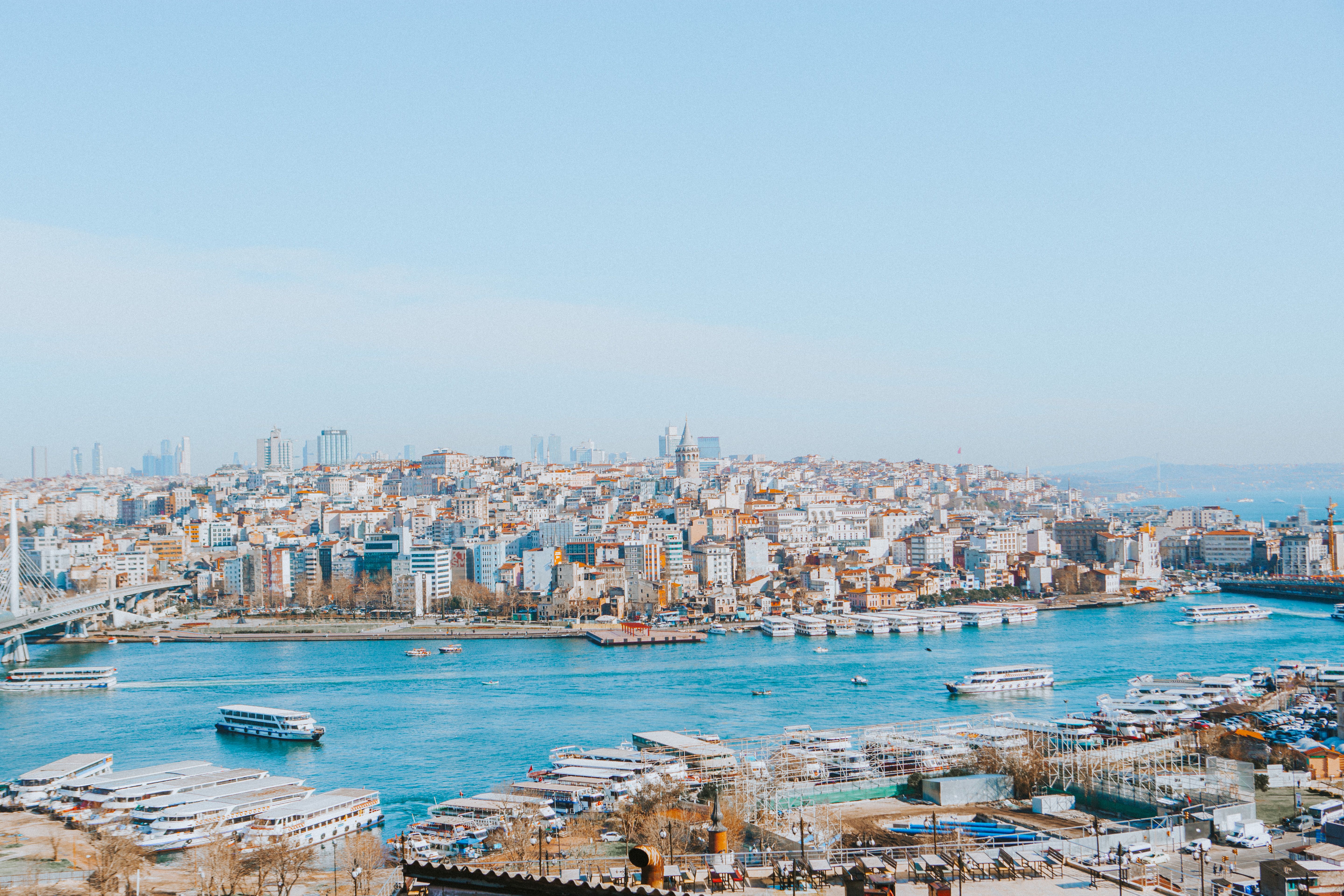 Panoramic view of Istanbul cityscape with the Bosphorus and iconic skyline under clear skies.