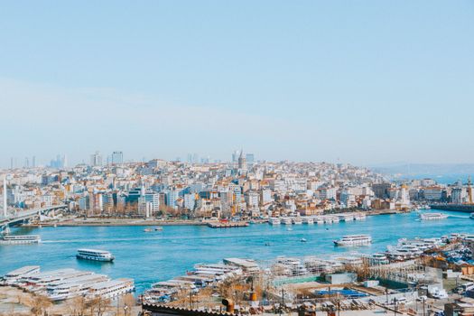 Panoramic view of Istanbul cityscape with the Bosphorus and iconic skyline under clear skies.