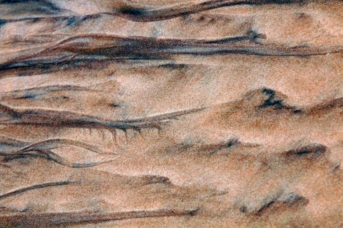 Free Detailed close-up of textured sand patterns shaped by wind and water on a beach in Paraná, Brazil. Stock Photo