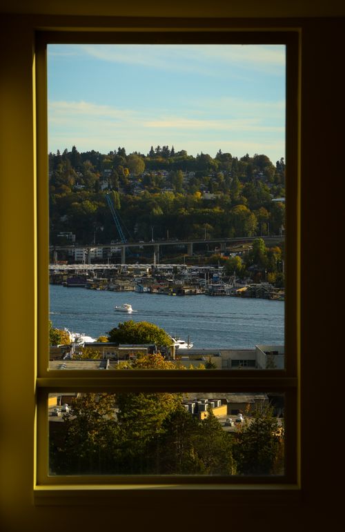 Free Scenic urban landscape with river and greenery captured through a window frame. Stock Photo