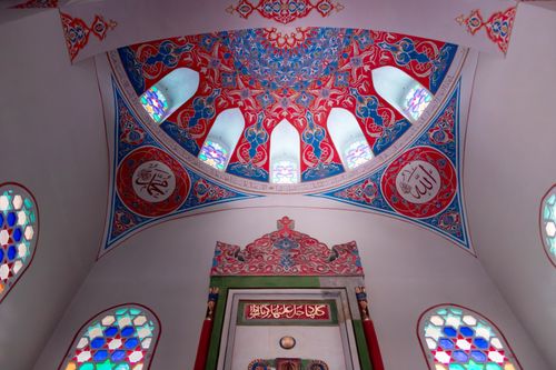 Free Beautifully detailed Islamic dome interior with colorful stained glass in Banja Luka, Bosnia and Herzegovina. Stock Photo