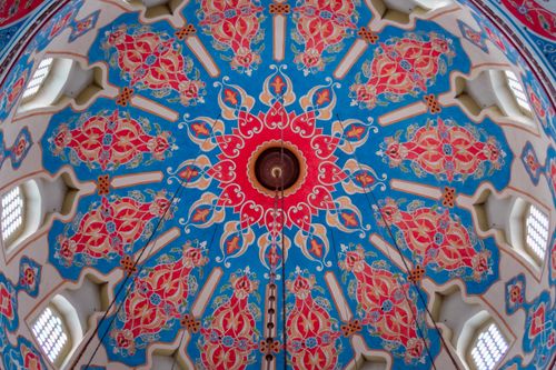 Free Colorful geometric patterns adorn the dome ceiling of the mosque in Banja Luka, Bosnia and Herzegovina. Stock Photo