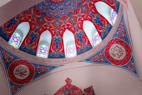 Free Colorful Islamic geometric patterns and stained glass in a mosque in Banja Luka, Bosnia and Herzegovina. Stock Photo