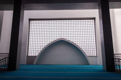 Free Interior of a modern mosque with geometric patterns in Sarajevo, Bosnia. Stock Photo