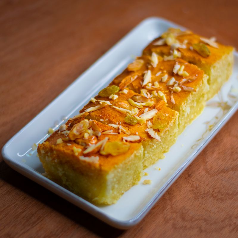 Eid Celebration Saffron Semolina Cake with Crushed Almonds