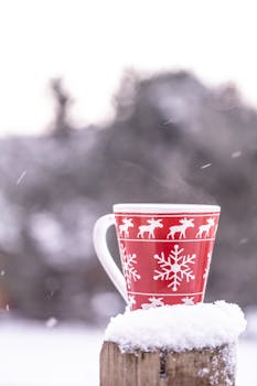 Steaming red mug with winter-themed design against a snowy backdrop in Lérida, Spain.